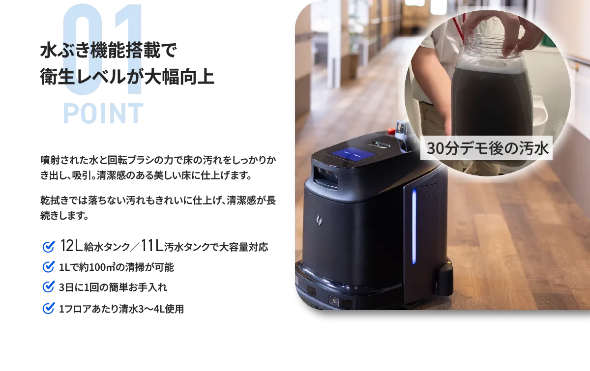 ポイント1：水ぶき機能搭載で衛生レベルが大幅向上